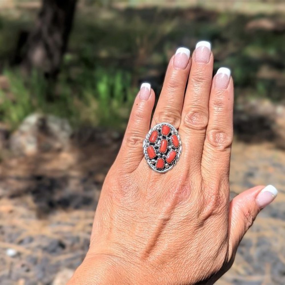 Women's Ring Native American Coral Stones Cluster Navajo Jewelry Signed Sz 7.25*